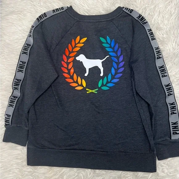 Victoria’ Secret PINK Grey Crew Neck Pullover Sweatshirt Rainbow Graphic Size S - Picture 2 of 5